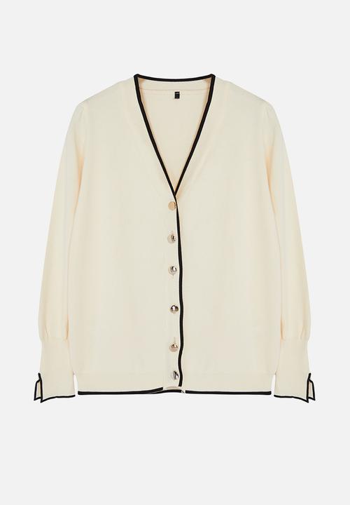 Trendyol - Plus Gold Button Detailed Striped Knitwear Cardigan - Cream