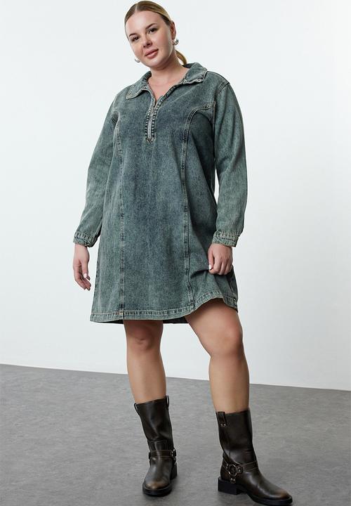 Trendyol - Shirt Collar Cotton Denim Plus Size Dress - Blue
