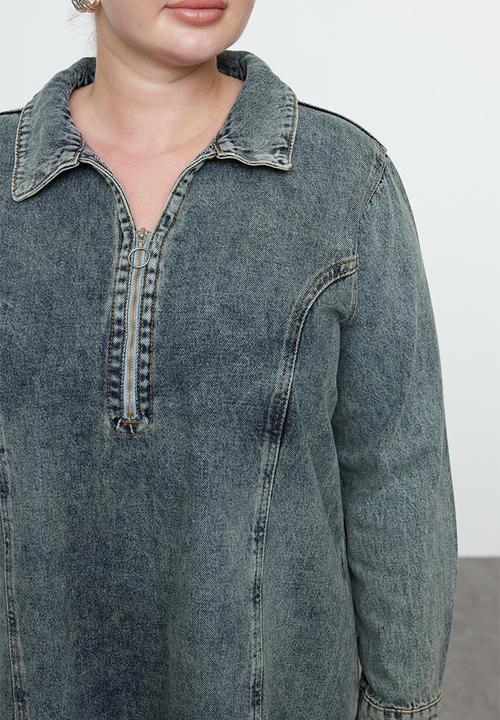 Trendyol - Shirt Collar Cotton Denim Plus Size Dress - Blue