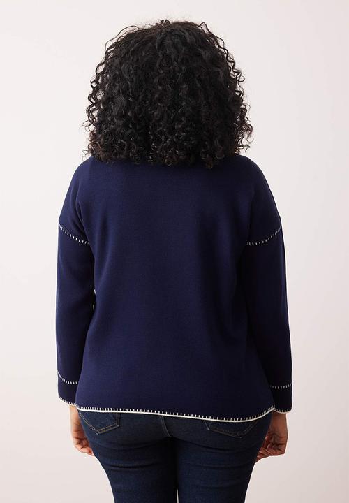 Trendyol - Plus Polo Collar Embroidered Knitwear Cardigan - Navy Blue