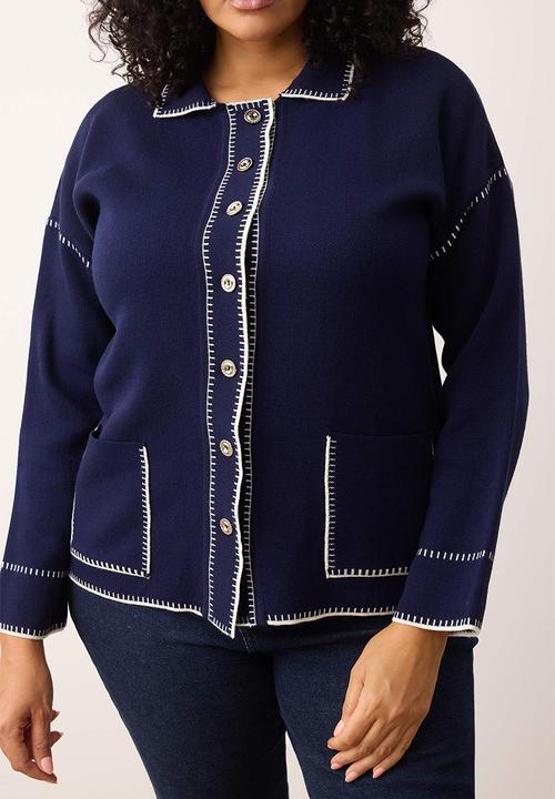 Trendyol - Plus Polo Collar Embroidered Knitwear Cardigan - Navy Blue