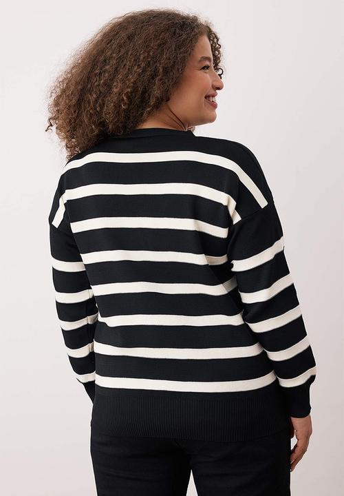 Trendyol - Plus Striped V-Neck Knitwear Cardigan - Black & White