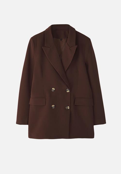 Trendyol - Lined Double Breasted Closure Woven Blazer Jacket - Dark Brown