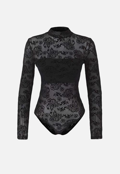 Trendyol - Lined Floral Patterned Stand Collar Knitted Tulle Body - Black