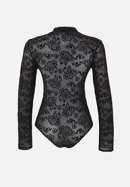 Trendyol - Lined Floral Patterned Stand Collar Knitted Tulle Body - Black