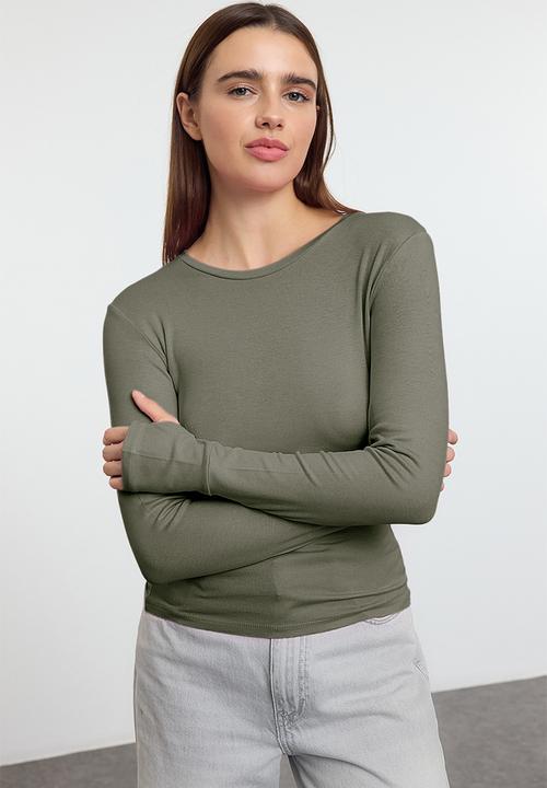 Trendyol - Viscose/Soft Fabric Stretch Knitted Blouse with Finger Insert Detail - Khaki