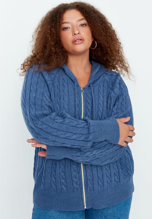 Trendyol - Plus Hooded Zippered Knitwear Cardigan - Indigo