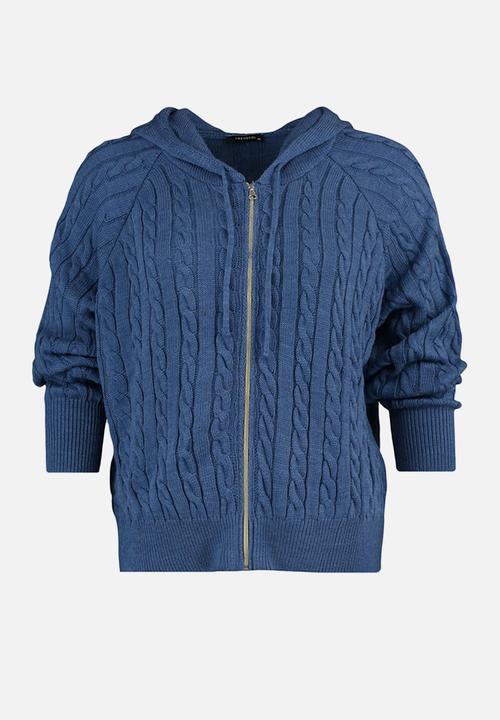 Trendyol - Plus Hooded Zippered Knitwear Cardigan - Indigo