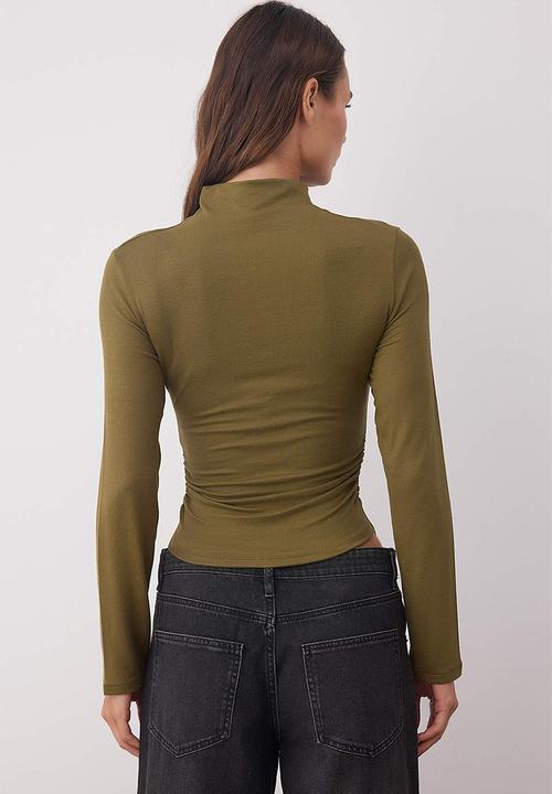 Trendyol - Fitted Gathered/Drape Detail Stand Collar Knitted Blouse - Khaki