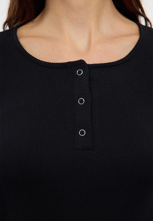 Trendyol - Stretchy Corded Knitted Blouse with Snap Fasteners - Black