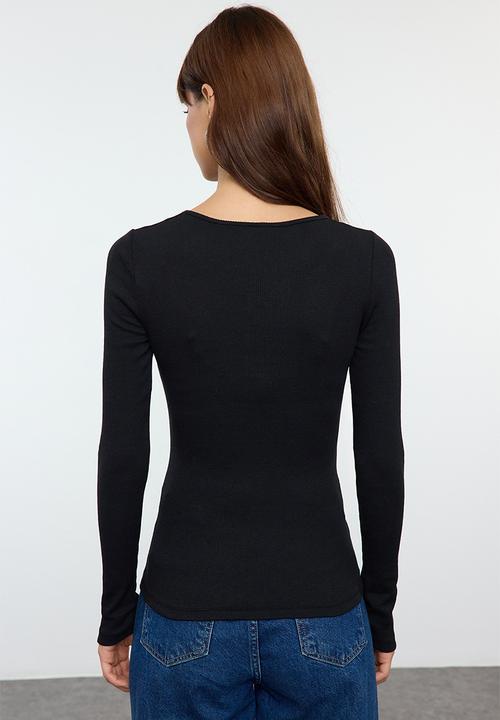 Trendyol - Stretchy Corded Knitted Blouse with Snap Fasteners - Black