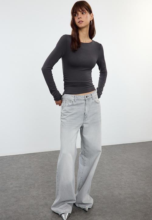 Trendyol - Boat Neck Stretchy Knitted Blouse Drawstring/Drape Detail - Anthracite