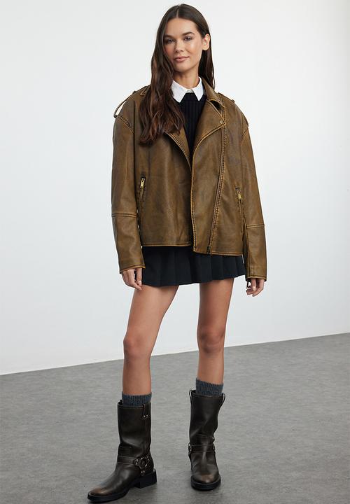 Trendyol - Oversize Mold Wash Effect Faux Leather Biker Slim Jacket Coats - Brown