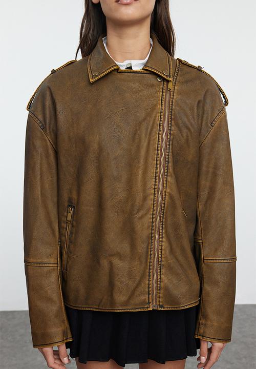 Trendyol - Oversize Mold Wash Effect Faux Leather Biker Slim Jacket Coats - Brown