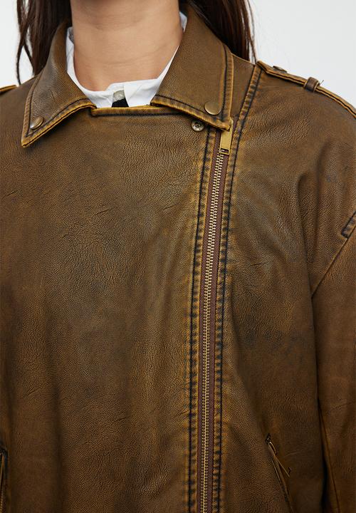 Trendyol - Oversize Mold Wash Effect Faux Leather Biker Slim Jacket Coats - Brown