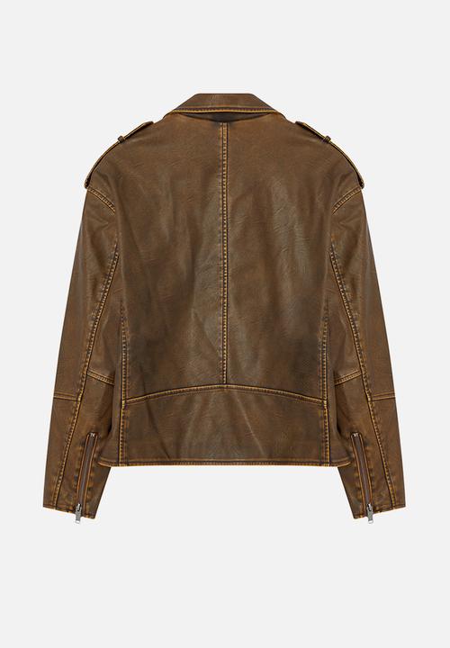 Trendyol - Oversize Mold Wash Effect Faux Leather Biker Slim Jacket Coats - Brown