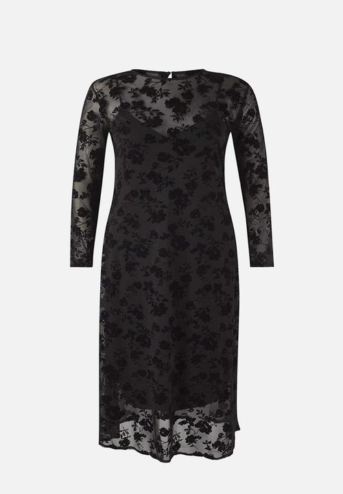 Trendyol - New Year Crew Neck A-Line Floral Pattern Maxi Plus Size Knitted Tulle Dress - Black