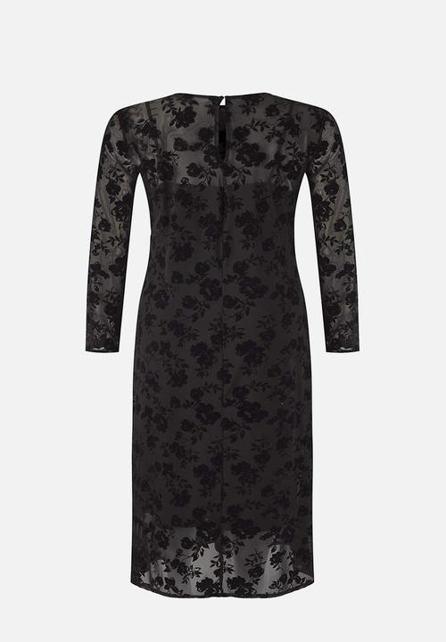 Trendyol - New Year Crew Neck A-Line Floral Pattern Maxi Plus Size Knitted Tulle Dress - Black