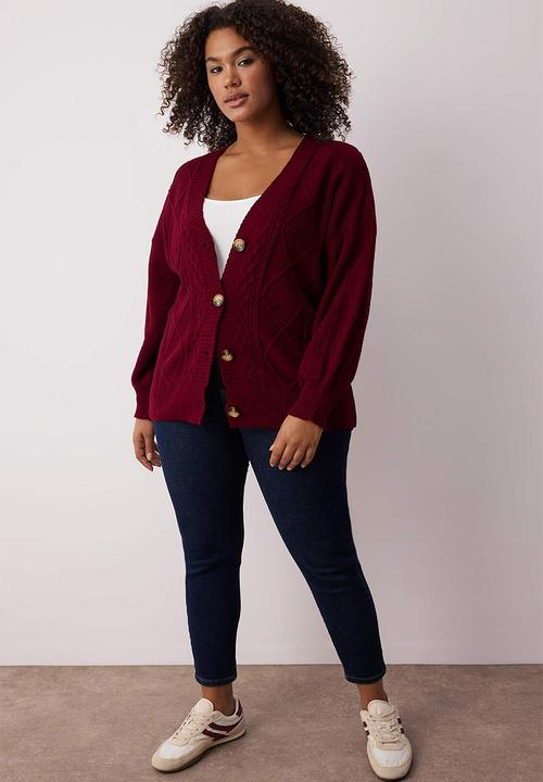 Trendyol - Plus Hair Braid Detailed V-Neck Button Knitwear Cardigan - Burgundy
