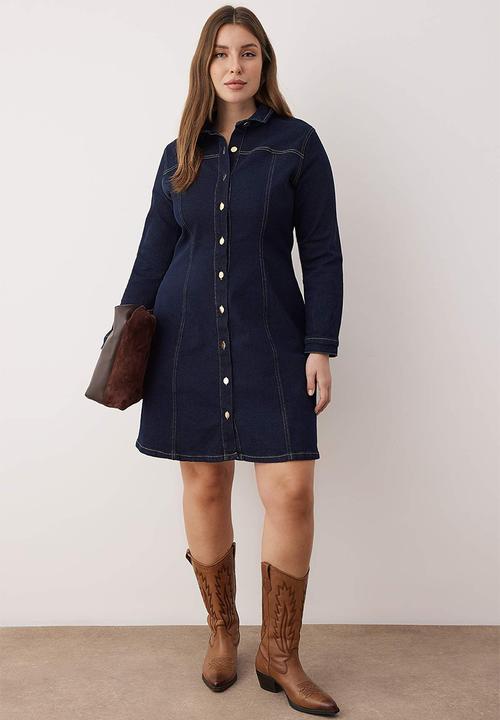 Trendyol - Plus A-Line Stretch Denim Dress - Blue