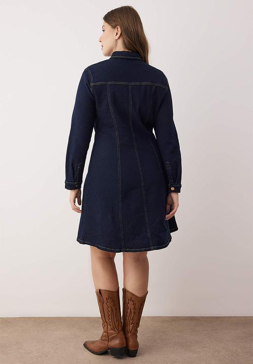 Trendyol - Plus A-Line Stretch Denim Dress - Blue