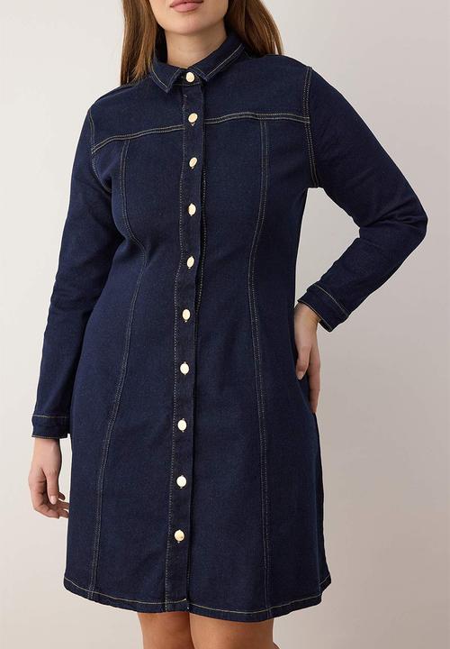 Trendyol - Plus A-Line Stretch Denim Dress - Blue