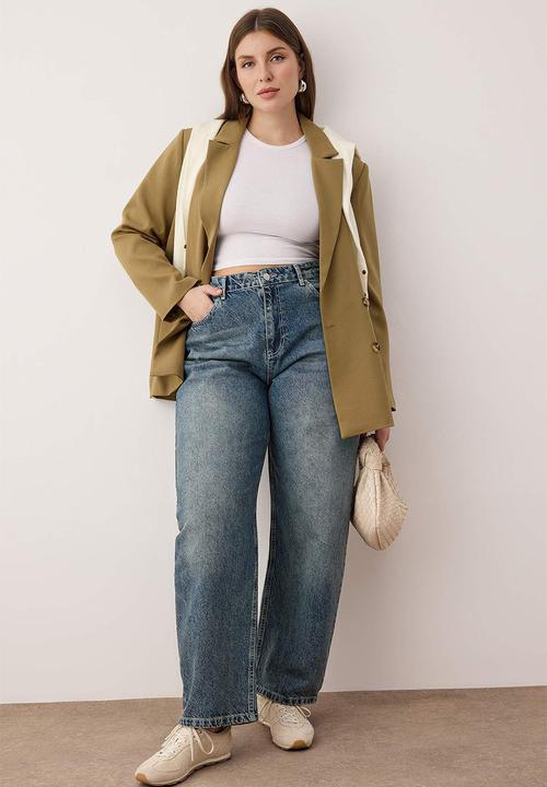 Trendyol - Plus High Waist Barrel Baggy Jeans - Blue