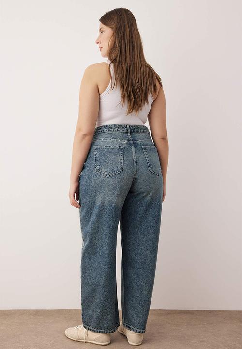 Trendyol - Plus High Waist Barrel Baggy Jeans - Blue