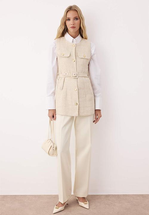 Trendyol - Tweed Woven Vest - Ecru