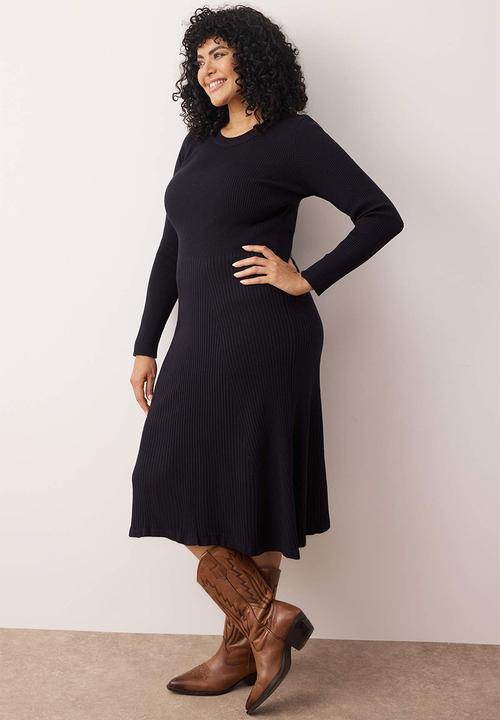 Trendyol - Plus Corded Crew Neck Midi Knitwear Dress - Navy Blue