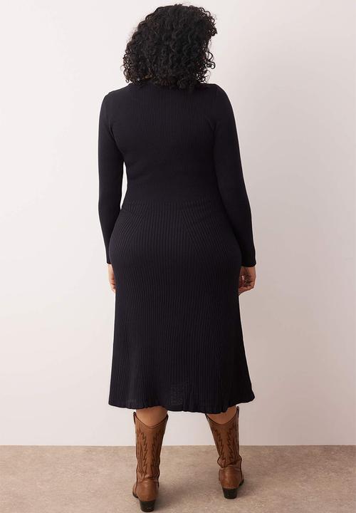 Trendyol - Plus Corded Crew Neck Midi Knitwear Dress - Navy Blue