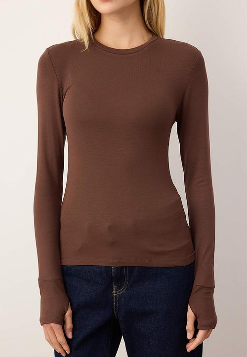 Trendyol - Viscose/Soft Fabric Stretch Knitted Blouse with Finger Detail - Brown