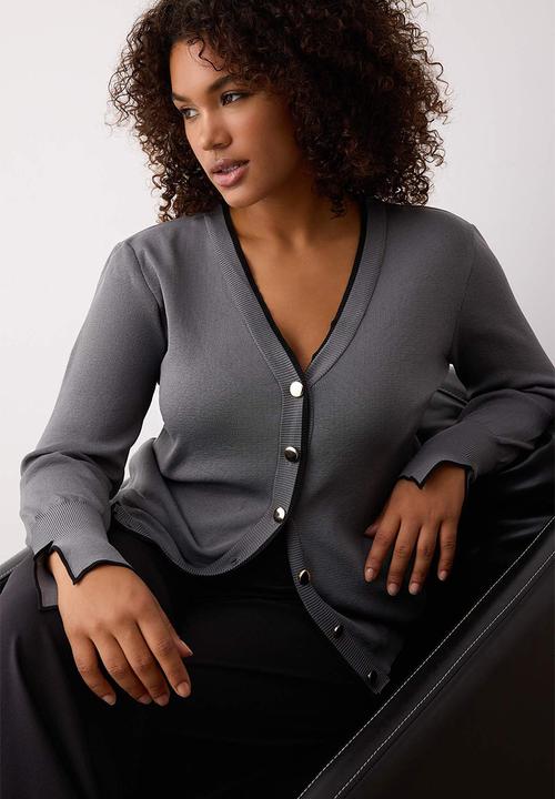 Trendyol - Plus Button Detailed Striped Knitwear Cardigan - Grey