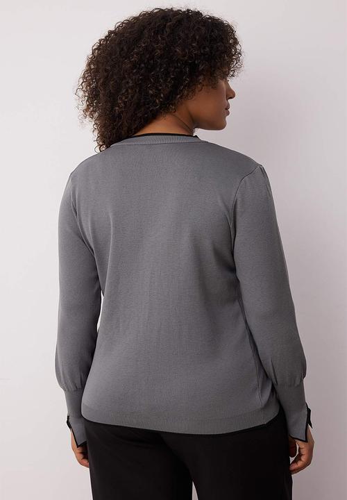 Trendyol - Plus Button Detailed Striped Knitwear Cardigan - Grey