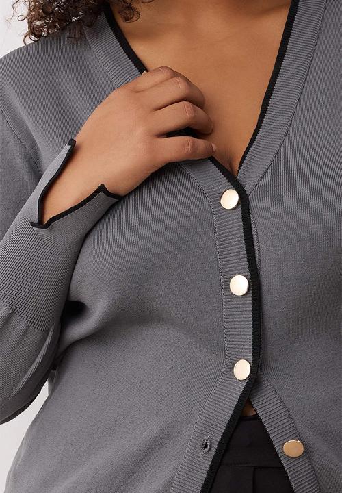 Trendyol - Plus Button Detailed Striped Knitwear Cardigan - Grey