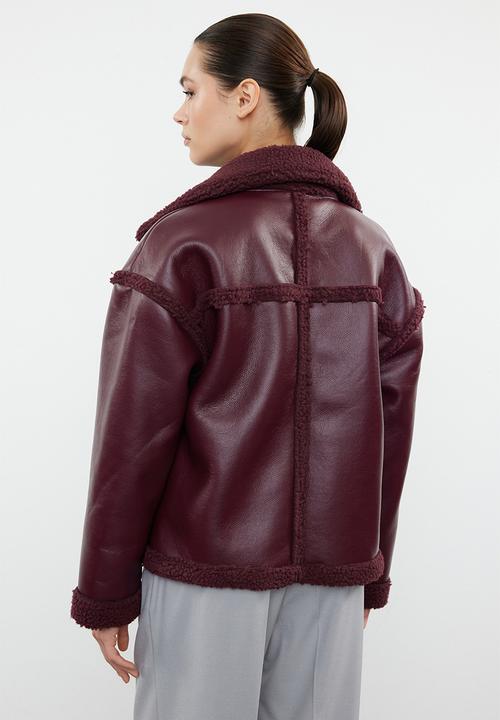 Trendyol - Faux Leather Biker Jacket with Plush Detail - Claret Red