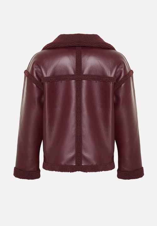 Trendyol - Faux Leather Biker Jacket with Plush Detail - Claret Red