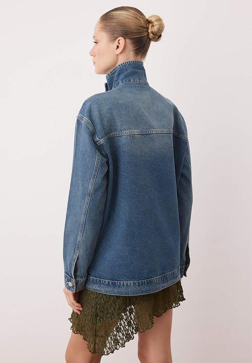 Trendyol - Double Breasted Closure Stand Collar Denim Jacket - Blue