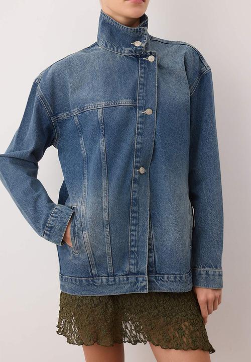 Trendyol - Double Breasted Closure Stand Collar Denim Jacket - Blue
