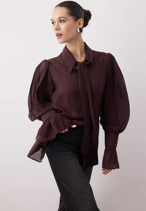Trendyol - Binding Detail Lightweight Transparent Soft Feel Boho Shirt - Brown