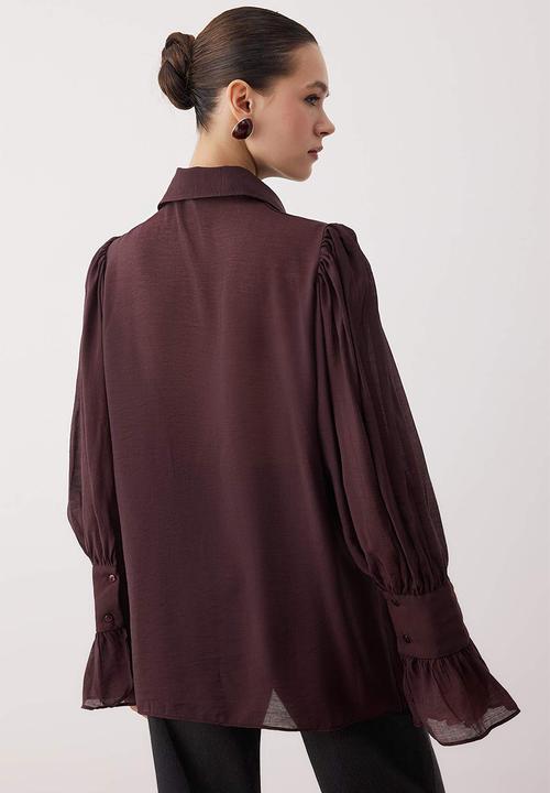 Trendyol - Binding Detail Lightweight Transparent Soft Feel Boho Shirt - Brown
