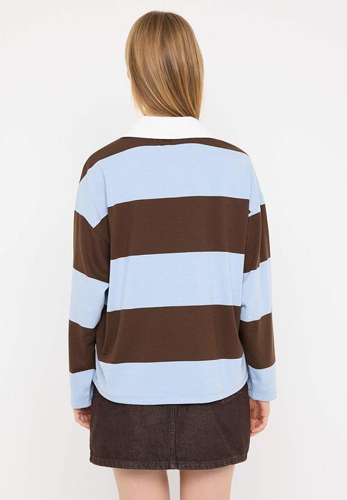 Trendyol - Striped Polo Neck Oversize/Wide Fit Knitted Sweatshirt - Brown & Blue