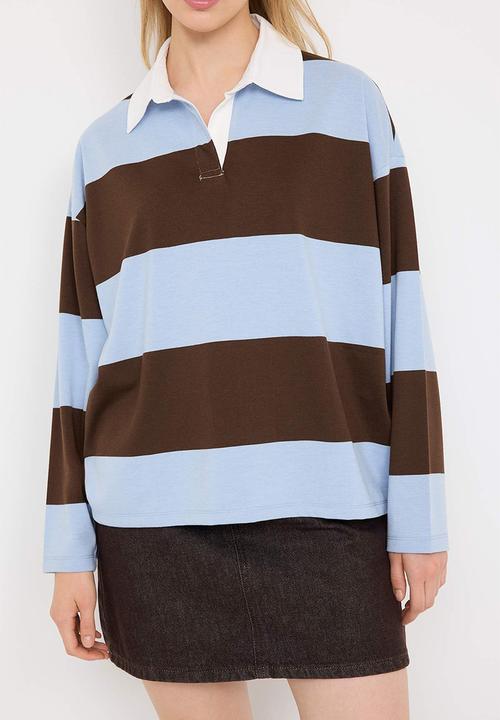 Trendyol - Striped Polo Neck Oversize/Wide Fit Knitted Sweatshirt - Brown & Blue