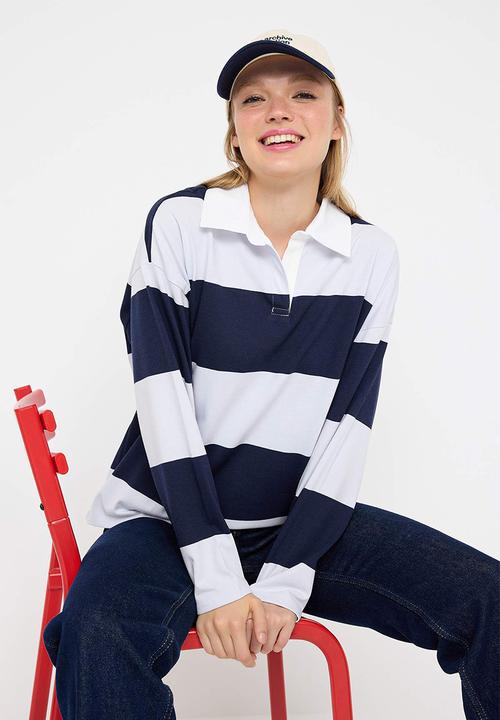 Trendyol - Striped Polo Neck Oversize/Wide Fit Knitted Sweatshirt - Navy Blue 