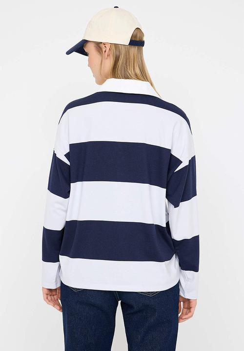 Trendyol - Striped Polo Neck Oversize/Wide Fit Knitted Sweatshirt - Navy Blue 