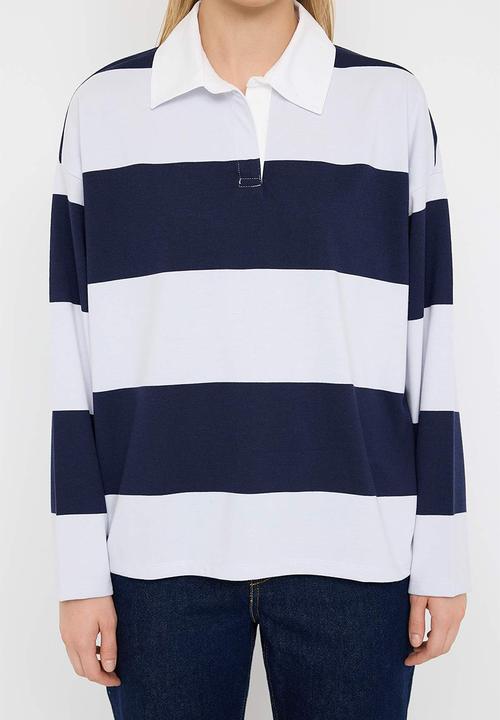 Trendyol - Striped Polo Neck Oversize/Wide Fit Knitted Sweatshirt - Navy Blue 