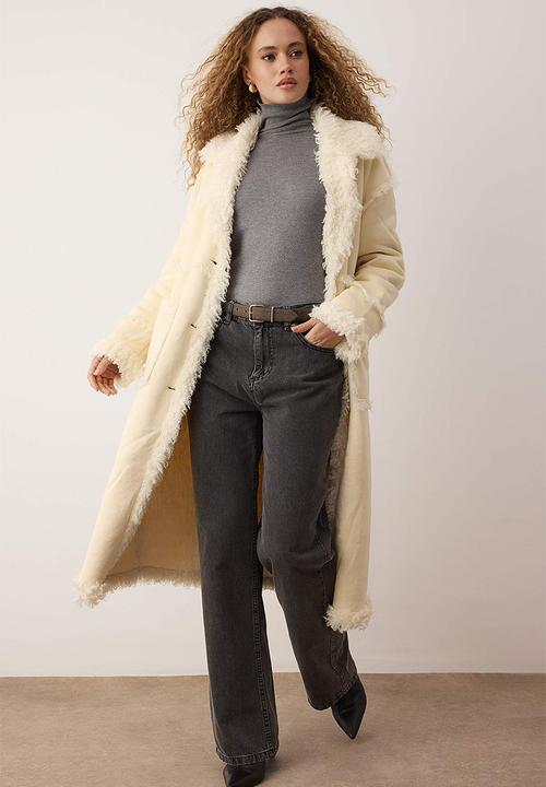 Fur Mono Closure Oversized Long Suede Coat - Ecru