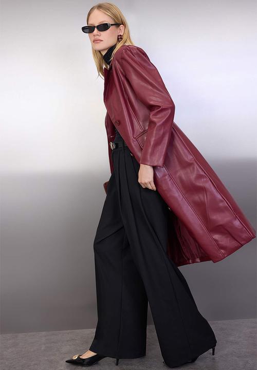 Trendyol - Faux Leather Mono Closure Regular Long Coat - Burgundy