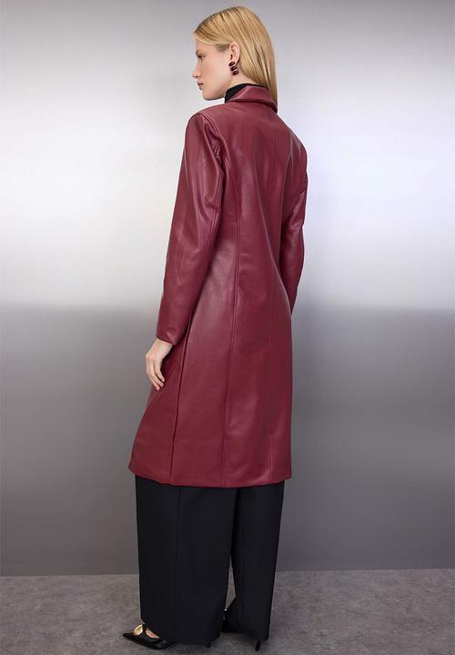 Trendyol - Faux Leather Mono Closure Regular Long Coat - Burgundy