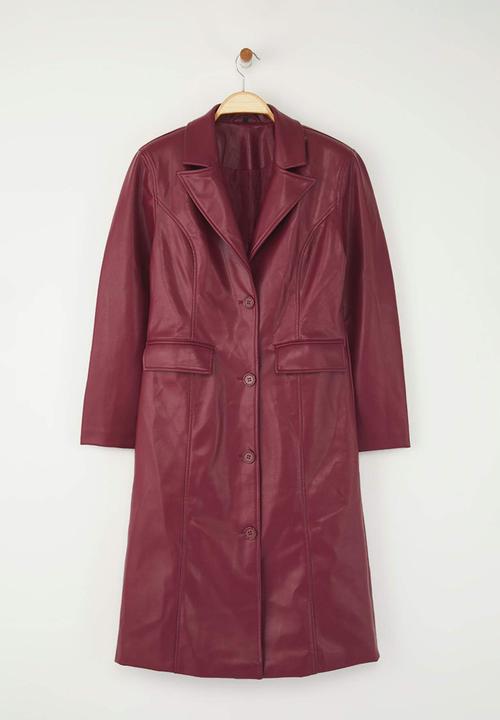 Trendyol - Faux Leather Mono Closure Regular Long Coat - Burgundy